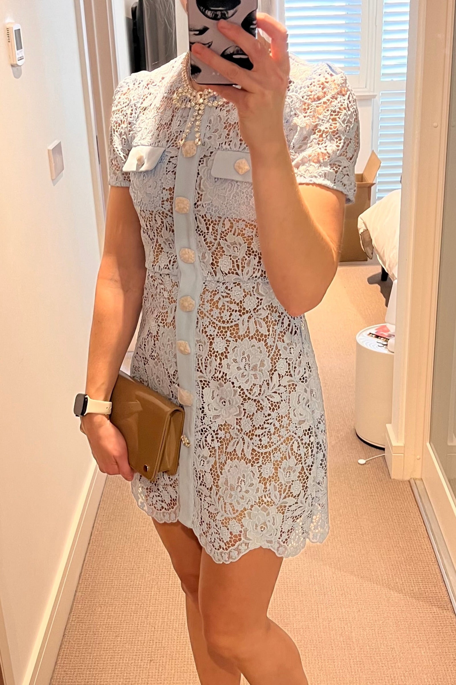 Self Portrait Blue Lace Diamante Bow Mini Dress