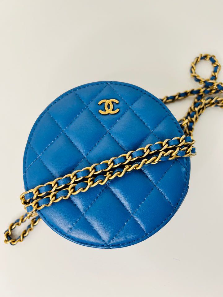 Chanel Quilted Round Bag in Lambskin Blue Leather GHW