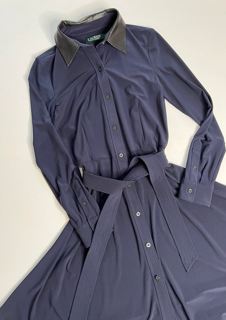 Ralph Lauren Blue Button Up Dress with Leather style collar