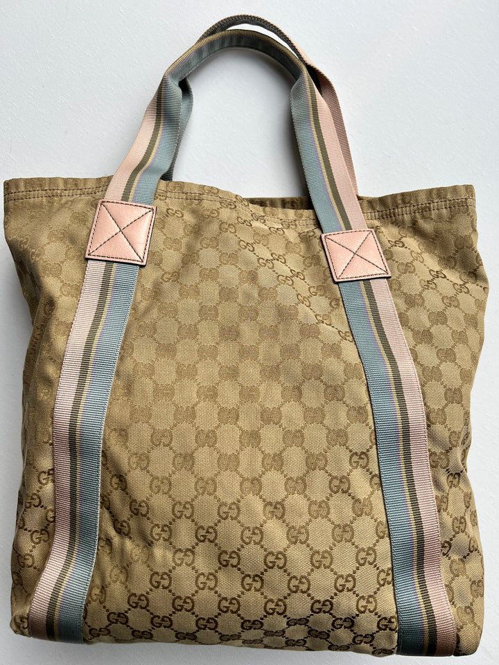 Gucci Pink and Blue Sherry Monogram Beige Canvas Tote