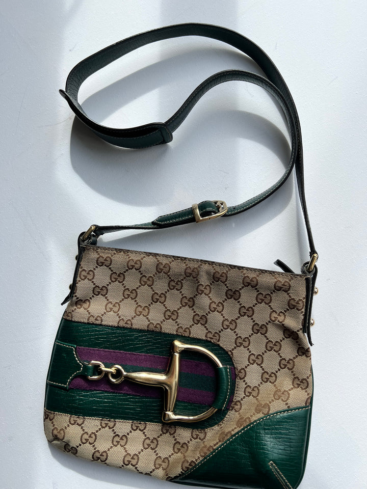 Gucci Horsebit GG Canvas Shoulder Bag with Green Leather