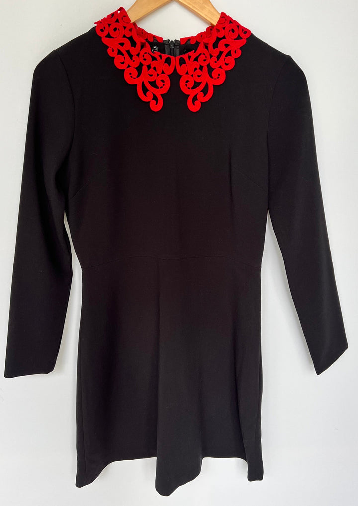 Sandro Black Dress with Lace Detail Red Collar