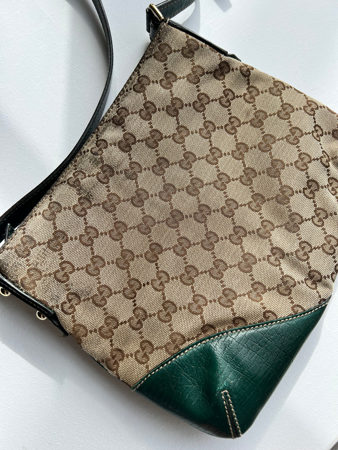 Gucci Horsebit GG Canvas Shoulder Bag with Green Leather