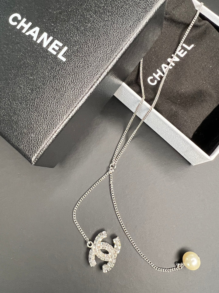 Chanel CC Diamante Pendant Necklace with Glass Pearl Accent