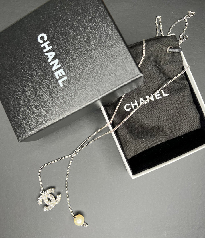 Chanel CC Diamante Pendant Necklace with Glass Pearl Accent