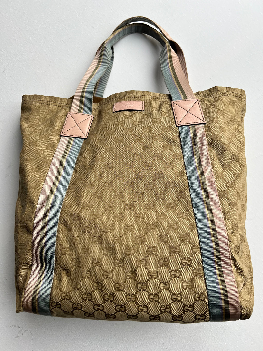 Gucci Pink and Blue Sherry Monogram Beige Canvas Tote