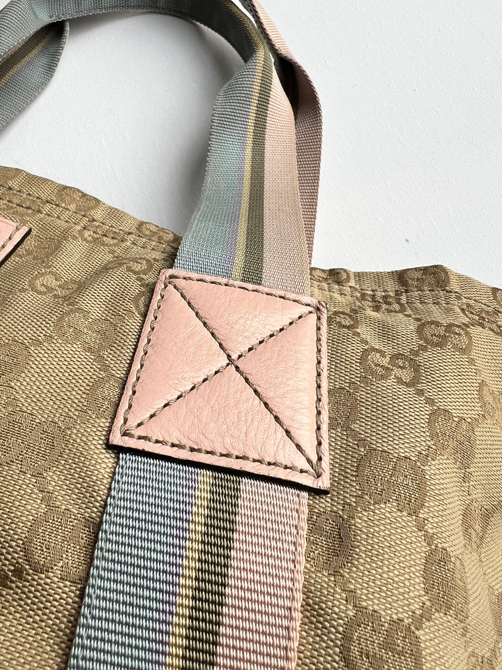 Gucci Pink and Blue Sherry Monogram Beige Canvas Tote