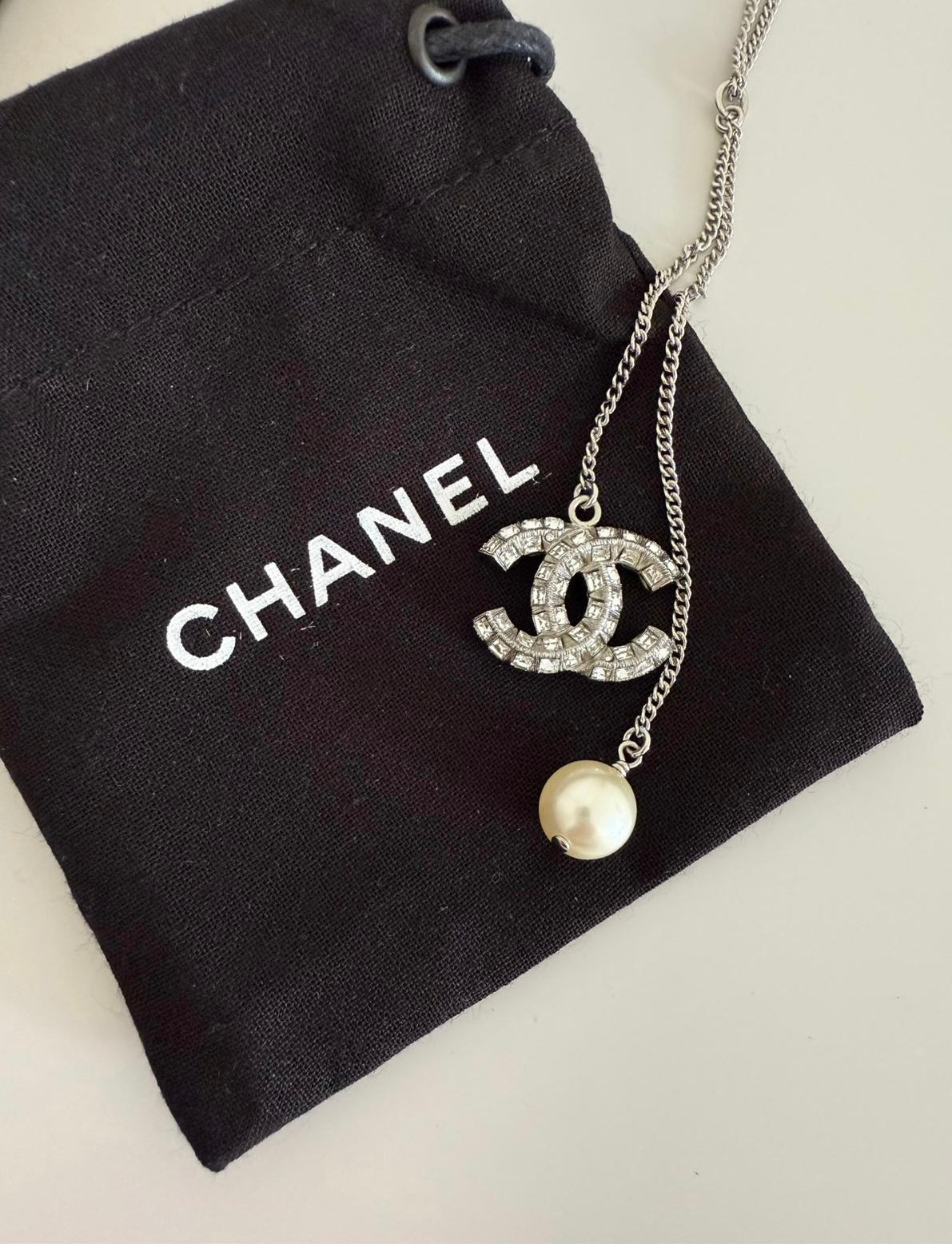 Chanel CC Diamante Pendant Necklace with Glass Pearl Accent