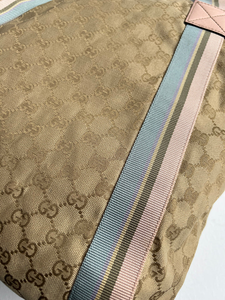 Gucci Pink and Blue Sherry Monogram Beige Canvas Tote