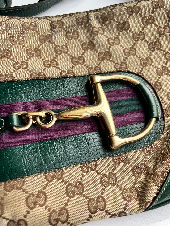 Gucci Horsebit GG Canvas Shoulder Bag with Green Leather