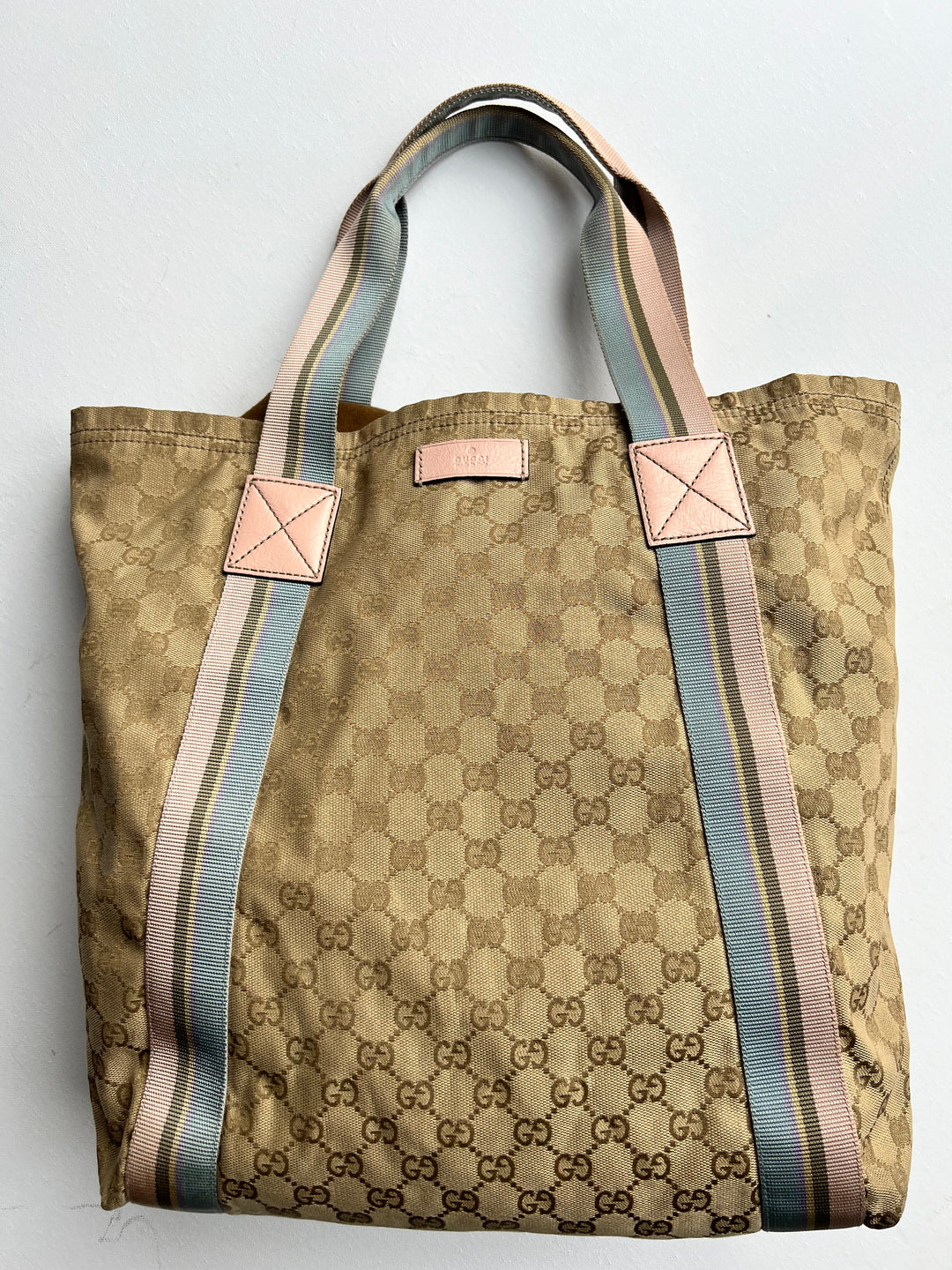 Gucci Pink and Blue Sherry Monogram Beige Canvas Tote