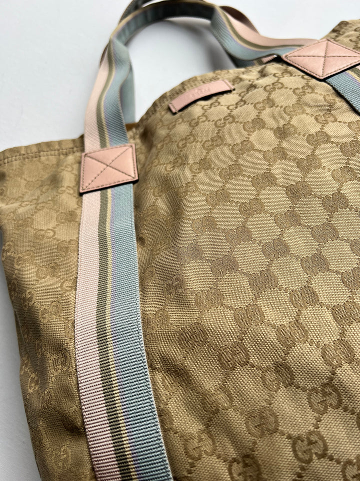 Gucci Pink and Blue Sherry Monogram Beige Canvas Tote