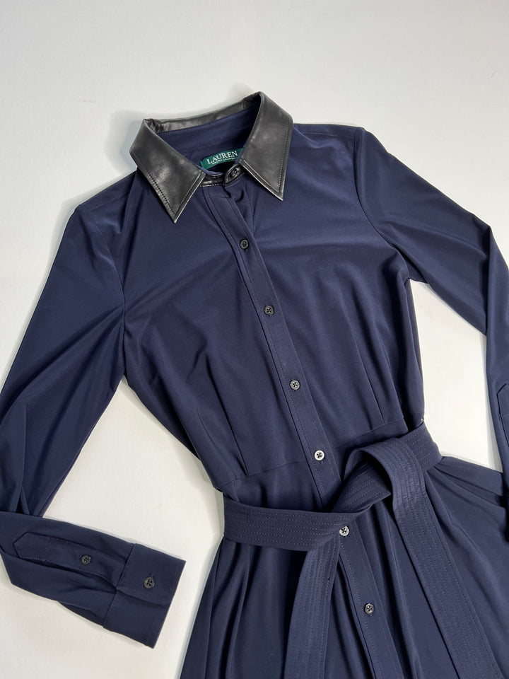 Ralph Lauren Blue Button Up Dress with Leather style collar