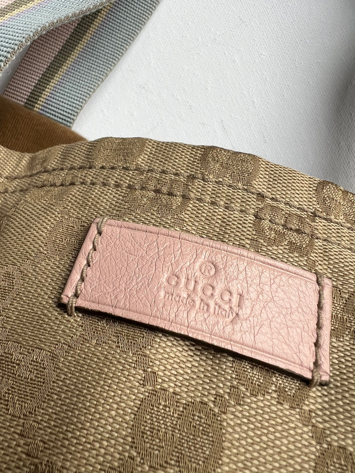 Gucci Pink and Blue Sherry Monogram Beige Canvas Tote