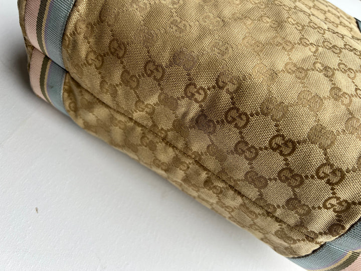 Gucci Pink and Blue Sherry Monogram Beige Canvas Tote