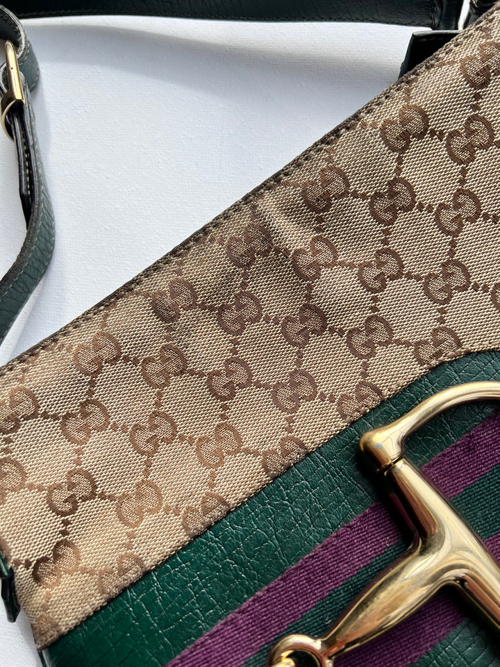 Gucci Horsebit GG Canvas Shoulder Bag with Green Leather