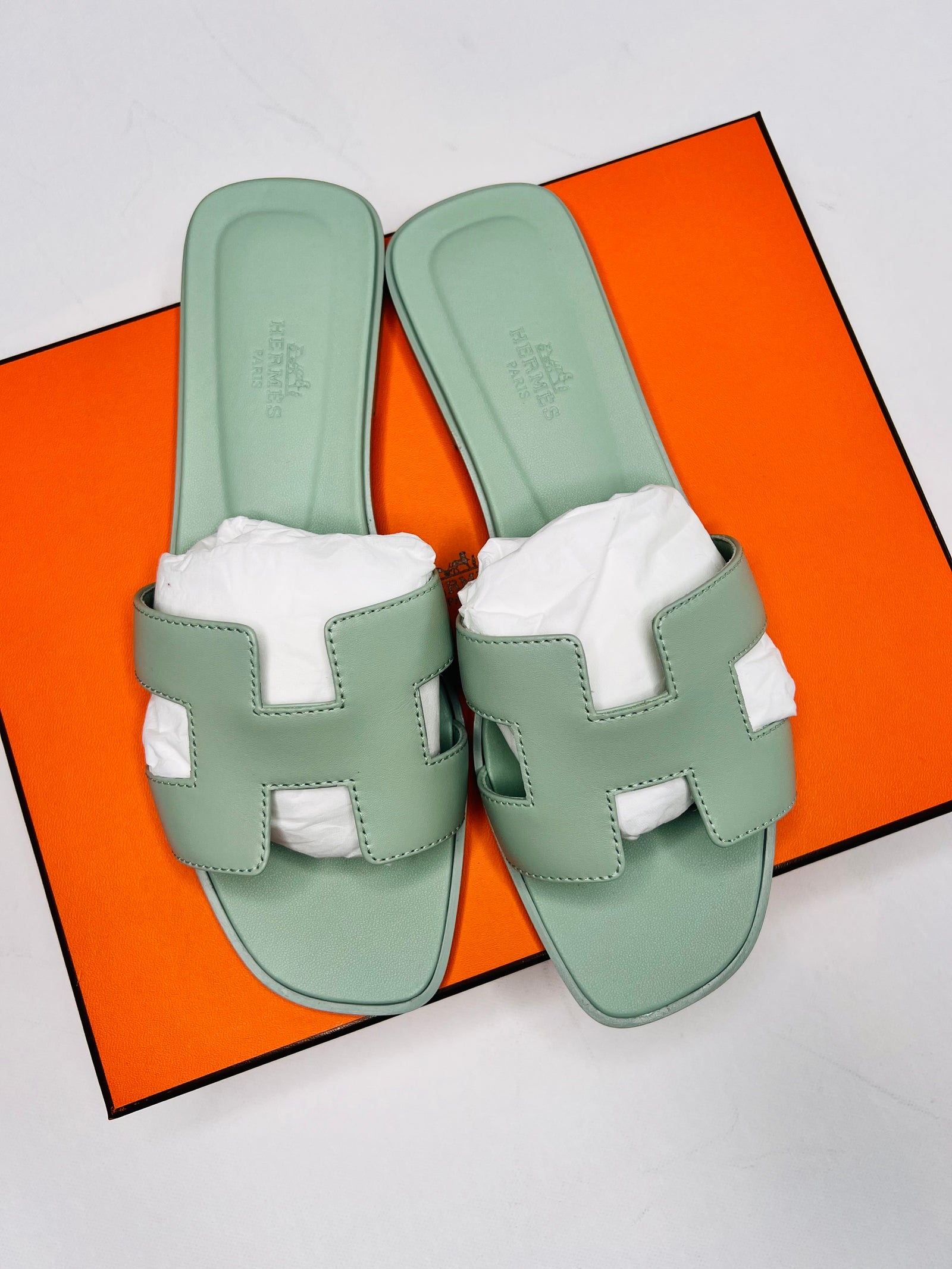 Hermes Oran Sandals in Vert d'eau - UK 5