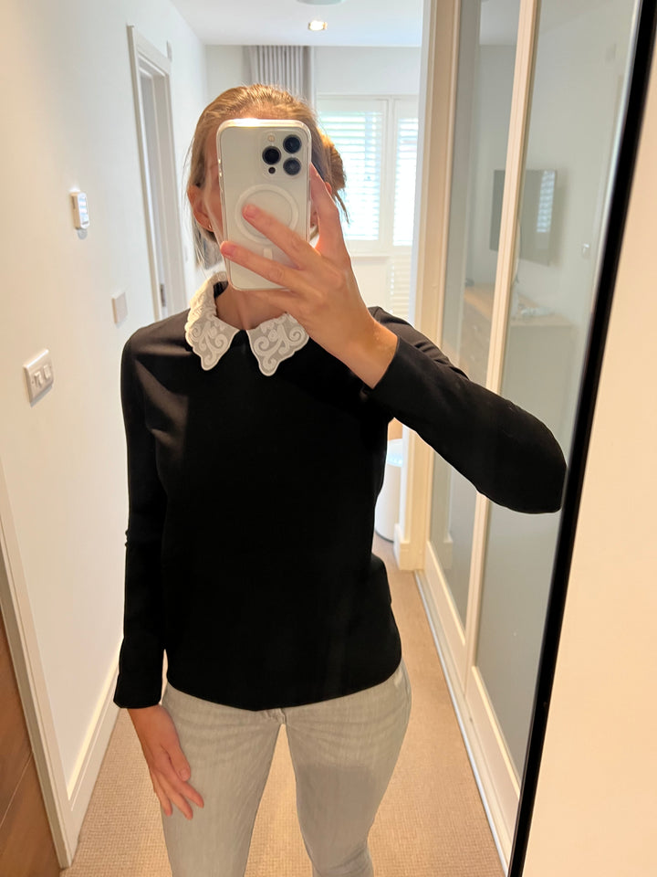 Sandro Long Sleeve Black Top with Detachable collar