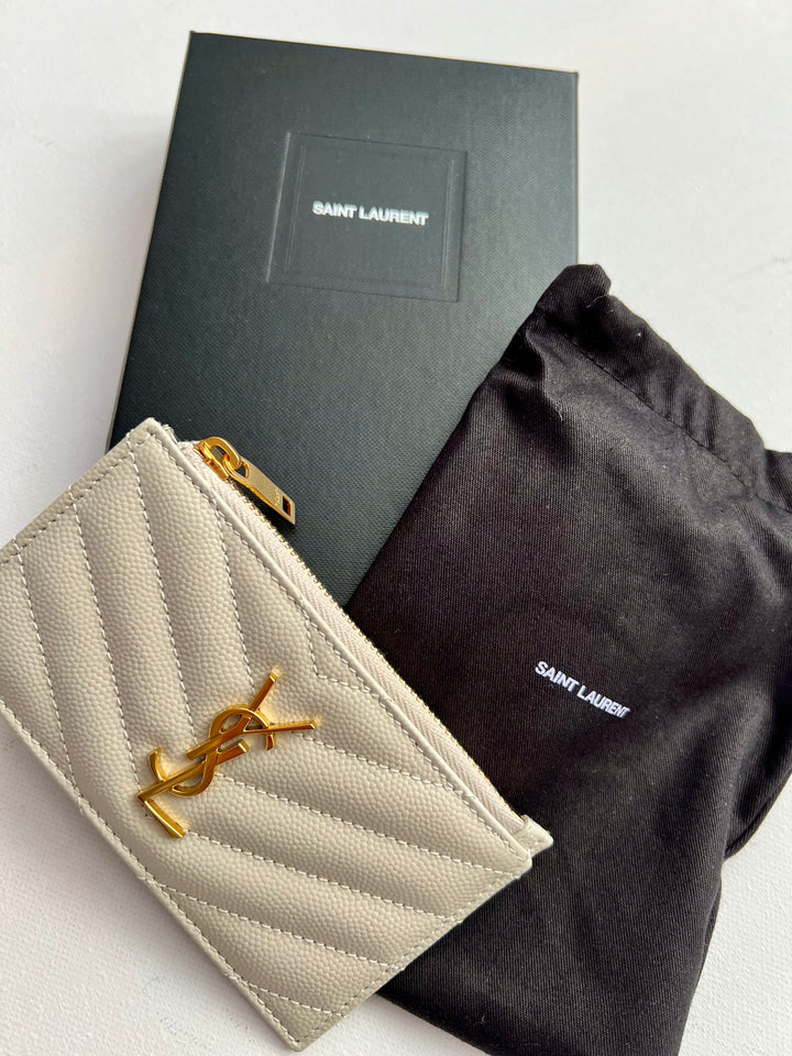 Saint Laurent Cassandre Fragments Zipped Card holder in Blanc Vintage