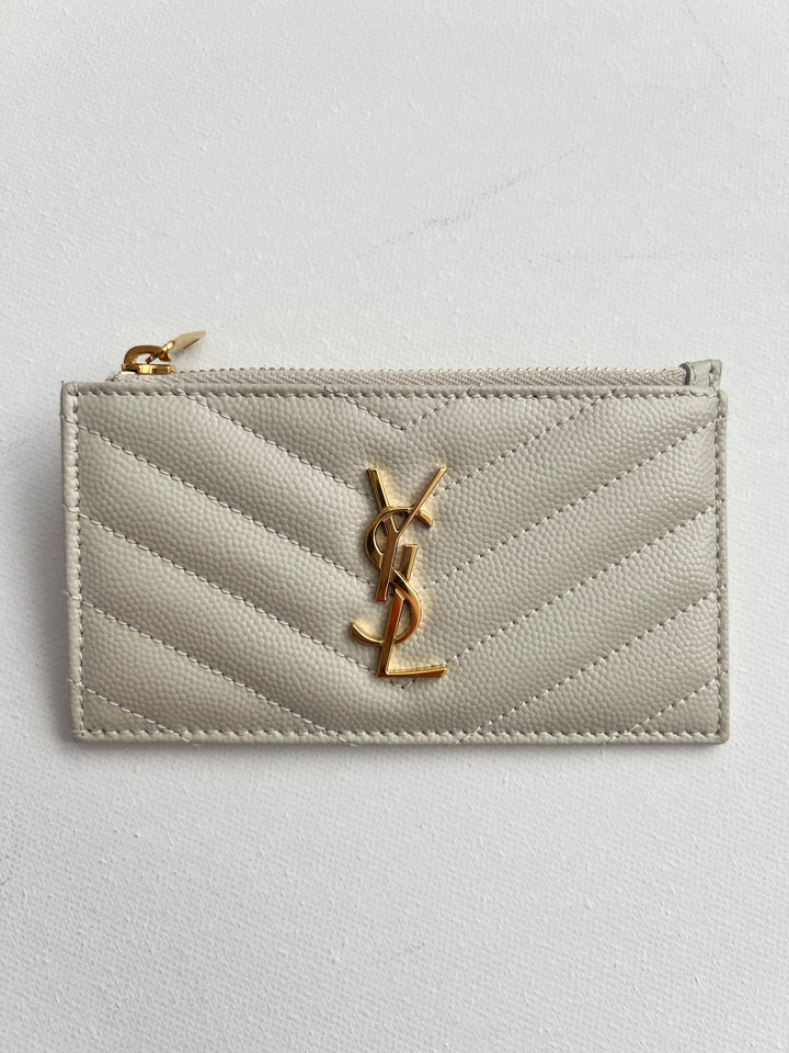 Saint Laurent Cassandre Fragments Zipped Card holder in Blanc Vintage