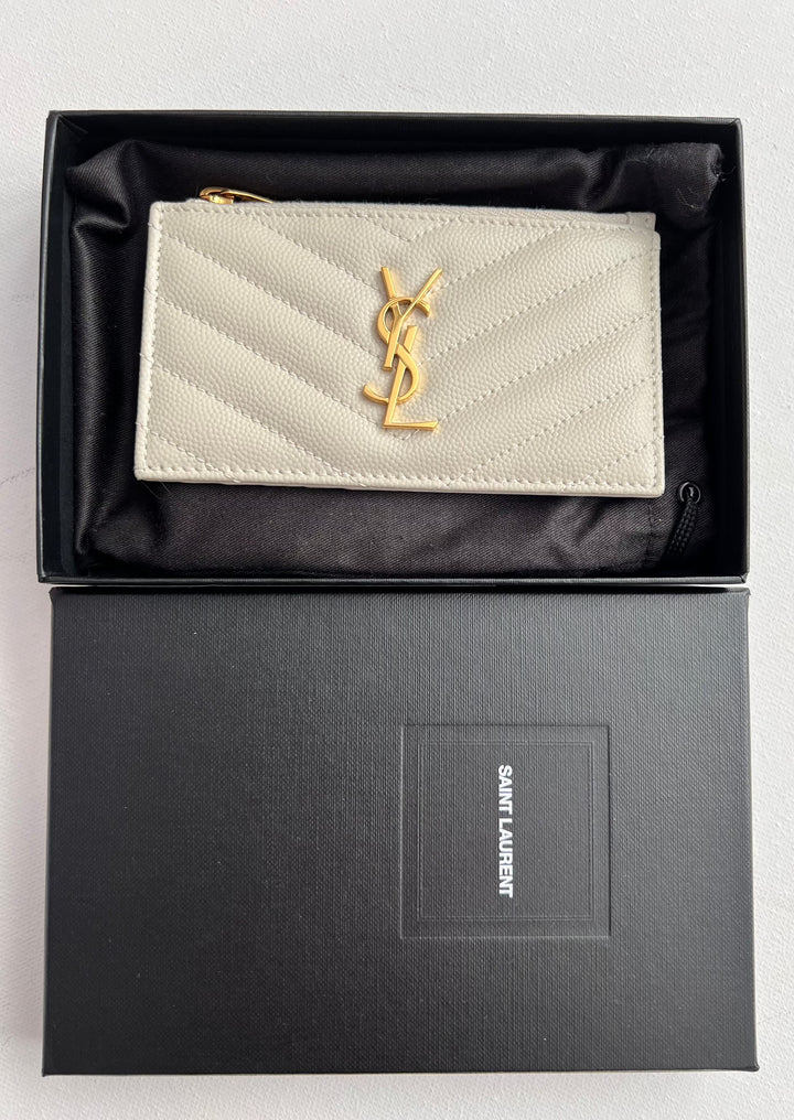 Saint Laurent Cassandre Fragments Zipped Card holder in Blanc Vintage