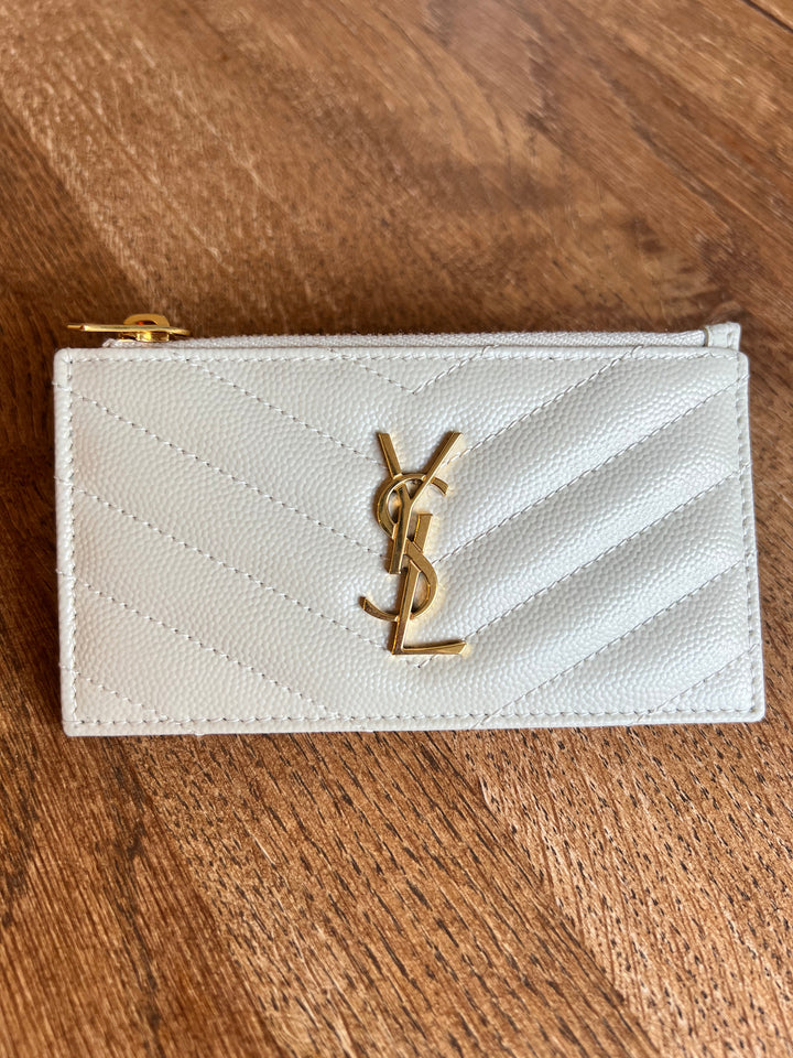 Saint Laurent Cassandre Fragments Zipped Card holder in Blanc Vintage