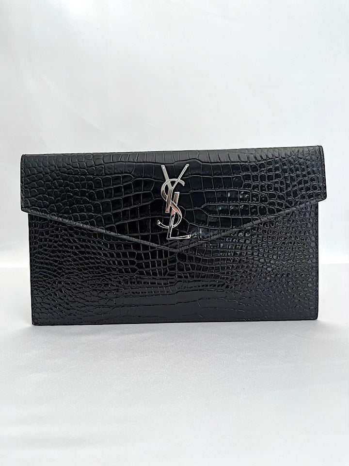 Saint Laurent Uptown Envelope Clutch Bag Black Croc Style Leather