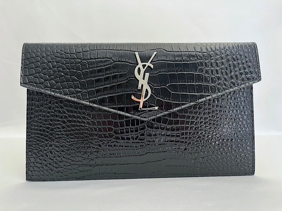 Saint Laurent Uptown Envelope Clutch Bag Black Croc Style Leather