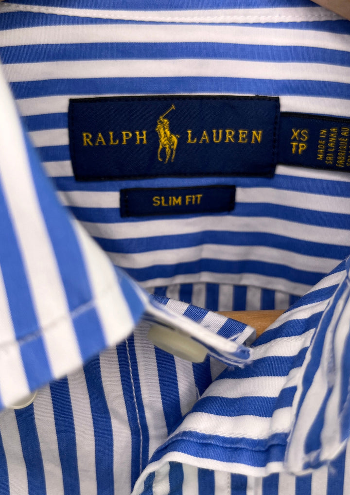 Ralph Lauren Blue and White Stripe Short Sleeve Slim Fit Shirt