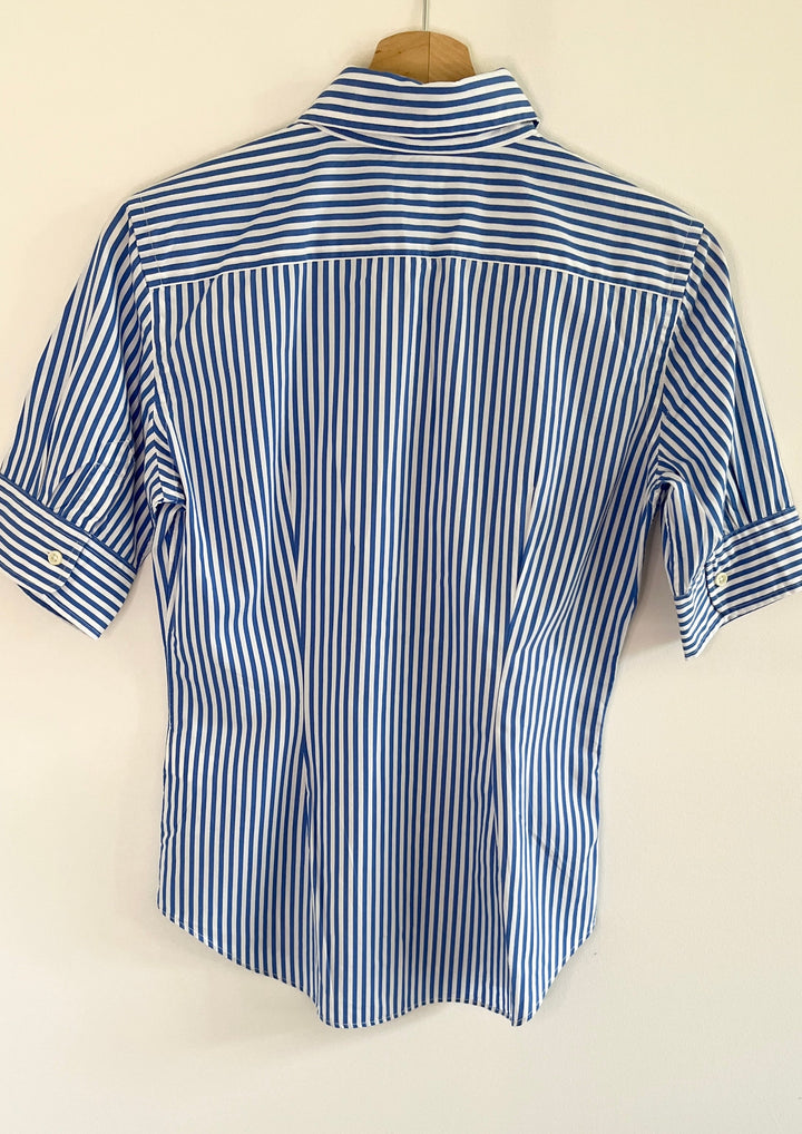 Ralph Lauren Blue and White Stripe Short Sleeve Slim Fit Shirt