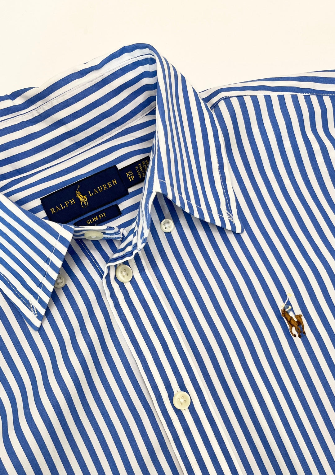 Ralph Lauren Blue and White Stripe Short Sleeve Slim Fit Shirt